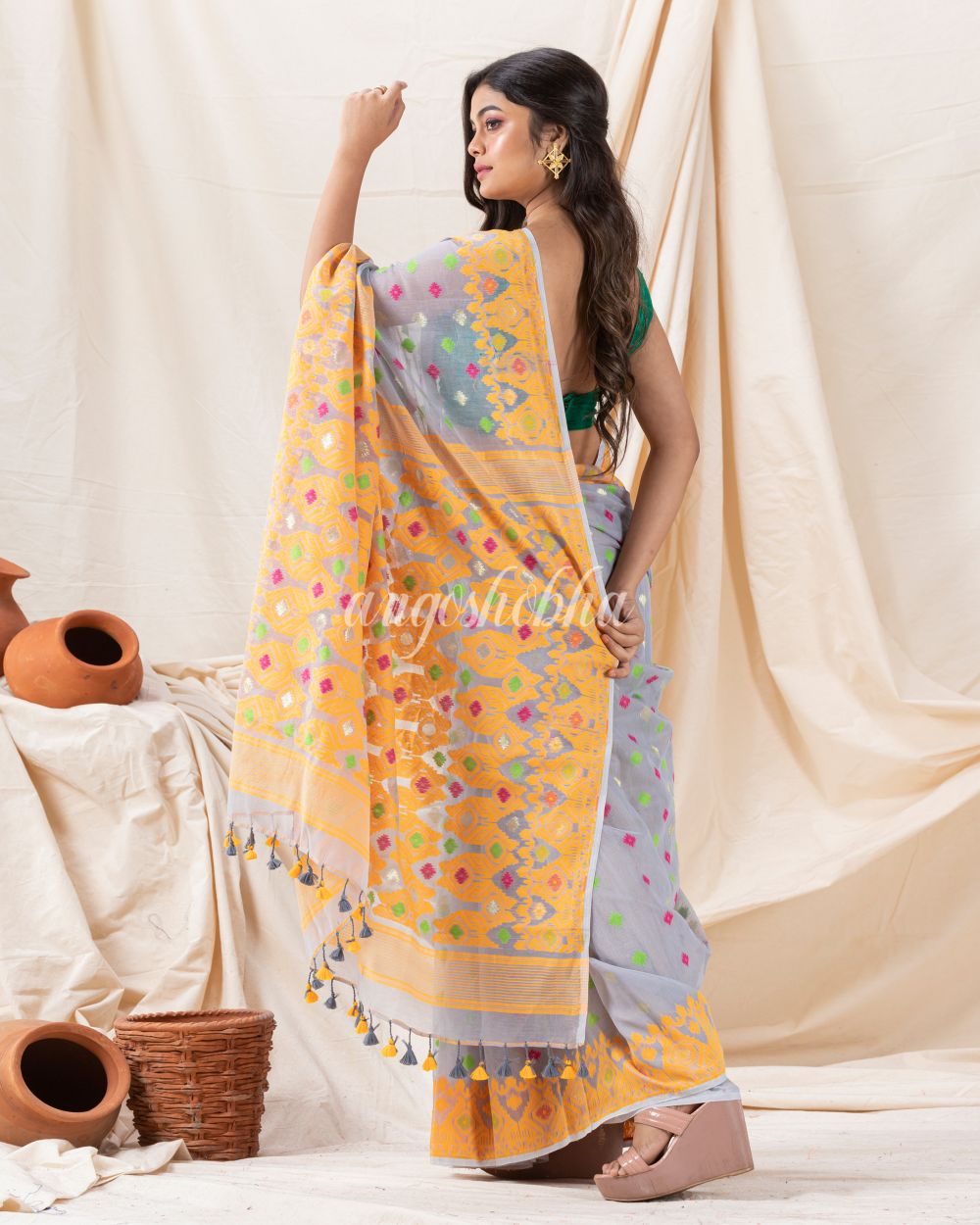 Traditional Light Columbia Blue Soft Dhakai Jamdani Saree angoshobha