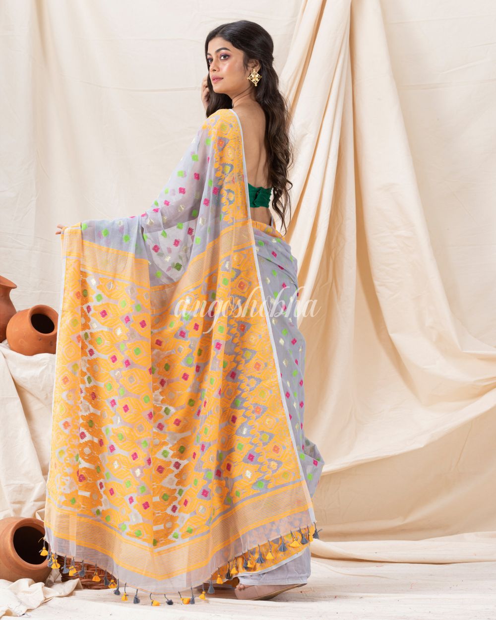 Traditional Light Columbia Blue Soft Dhakai Jamdani Saree angoshobha