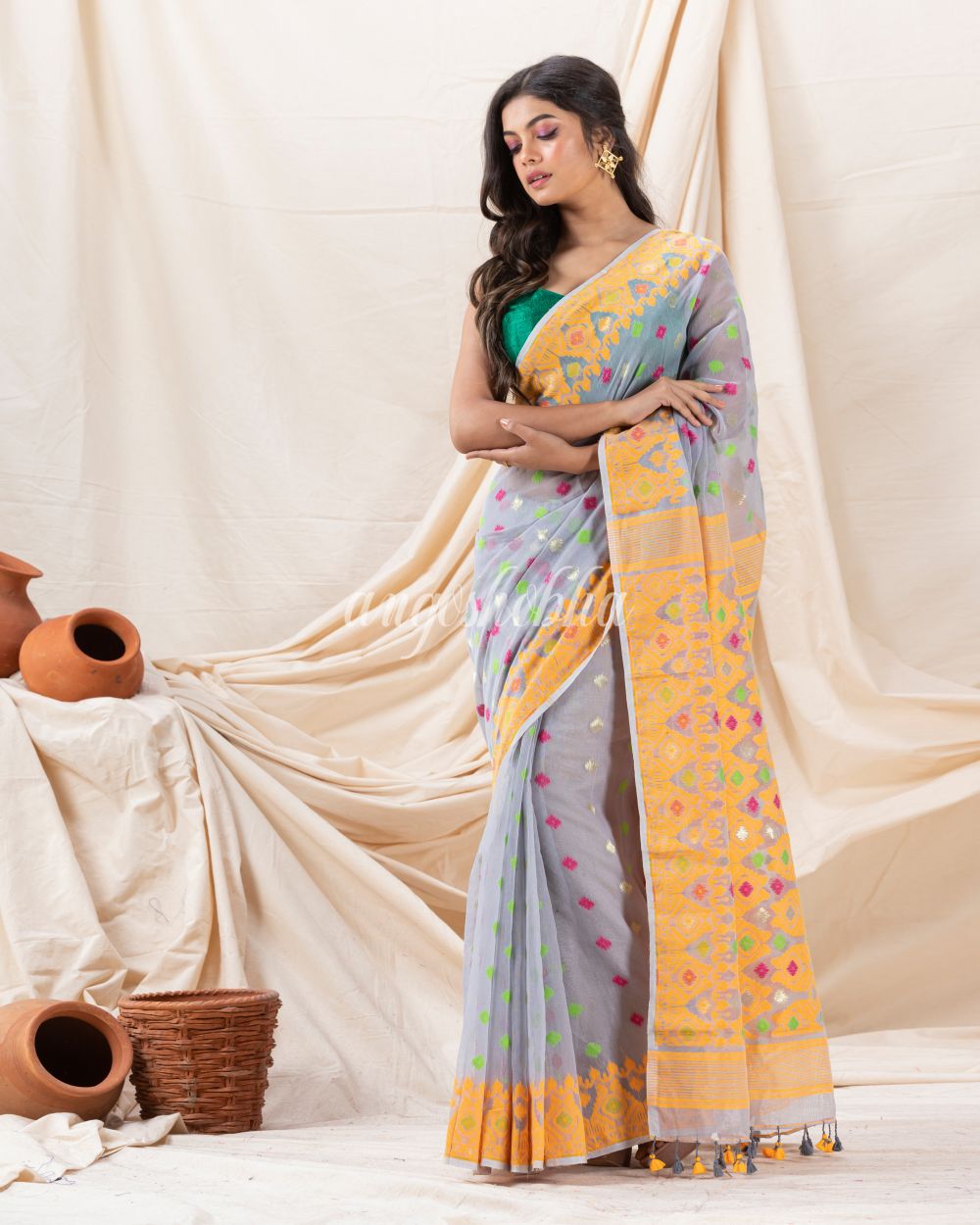 Traditional Light Columbia Blue Soft Dhakai Jamdani Saree angoshobha