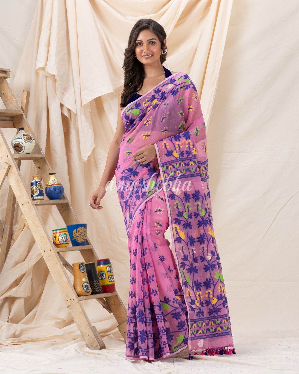 Traditional Light Fuchsia Soft Dhakai Jamdani Saree angoshobha