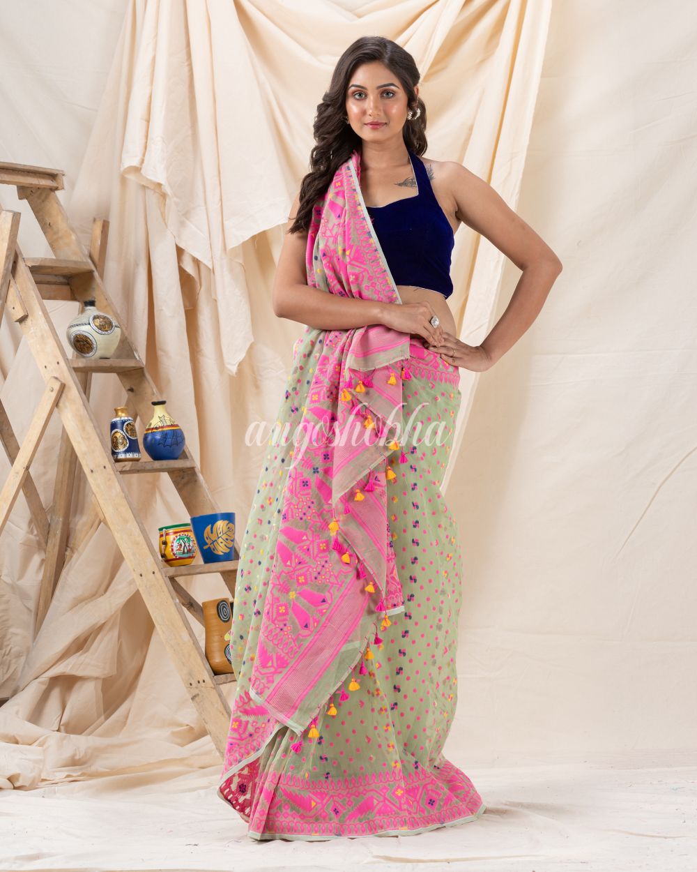 Traditional Light Olive Soft Dhakai Jamdani Saree angoshobha