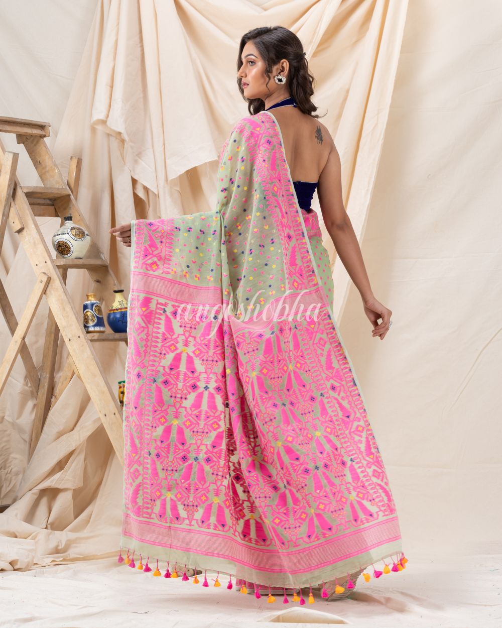 Traditional Light Olive Soft Dhakai Jamdani Saree angoshobha