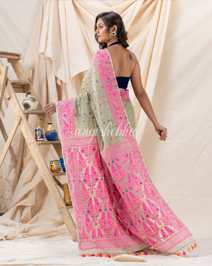 Traditional Light Olive Soft Dhakai Jamdani Saree angoshobha