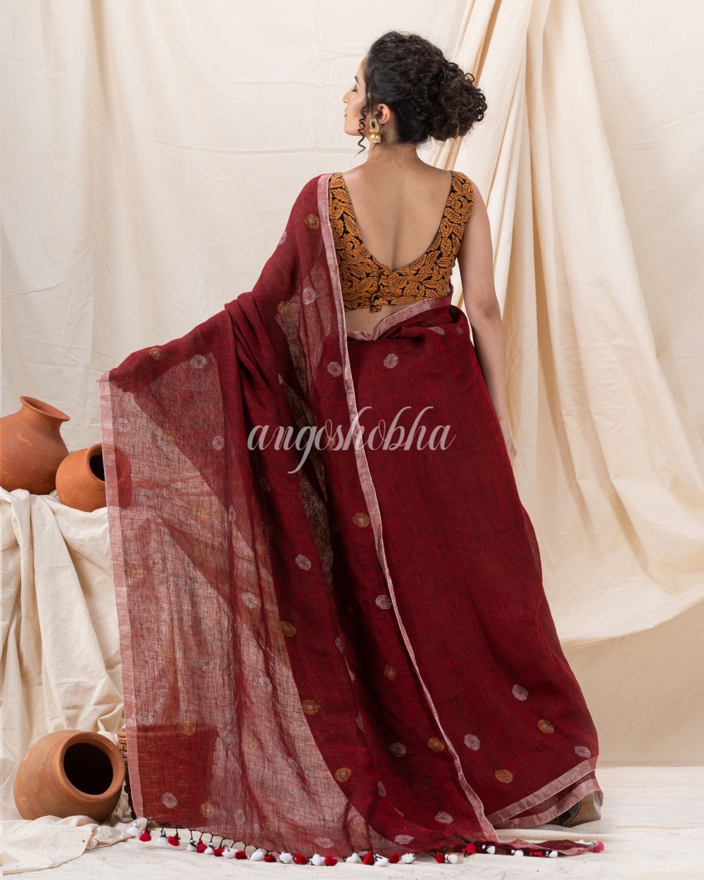 Traditional Maroon Linen Jamdani Saree angoshobha