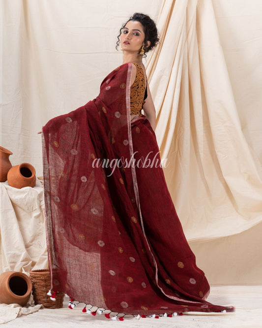 Traditional Maroon Linen Jamdani Saree angoshobha