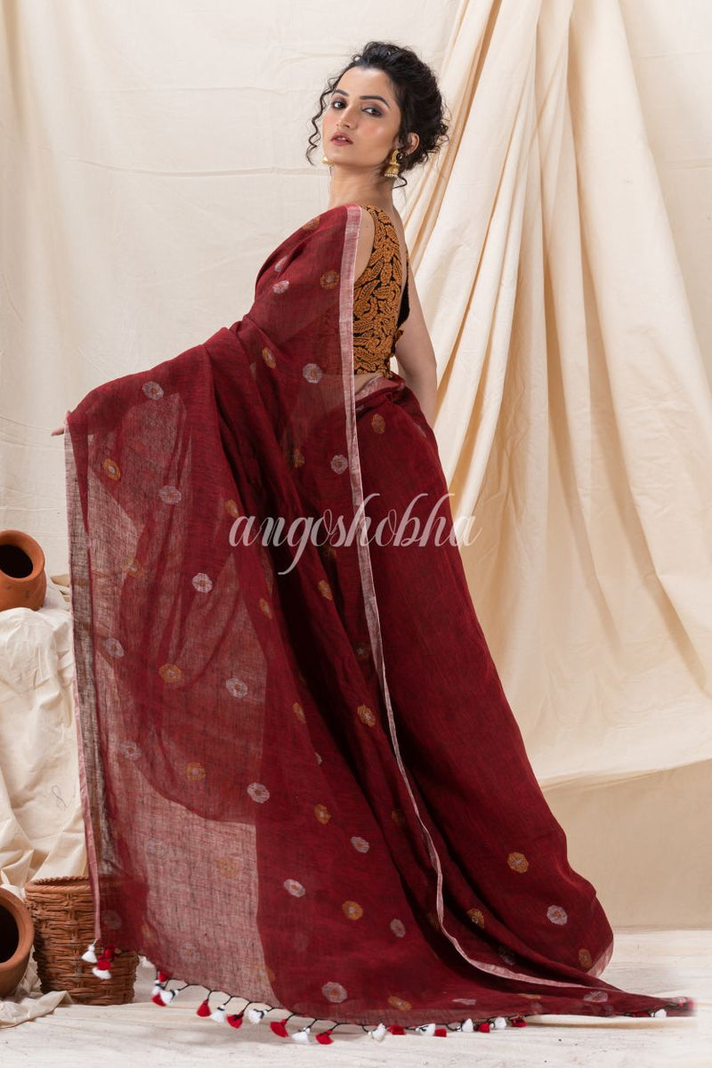 Traditional Maroon Linen Jamdani Saree