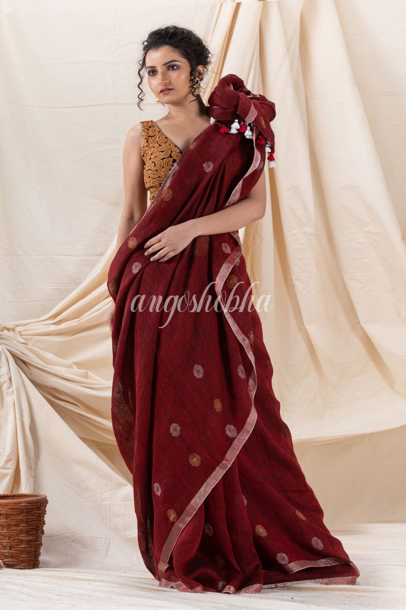 Traditional Maroon Linen Jamdani Saree