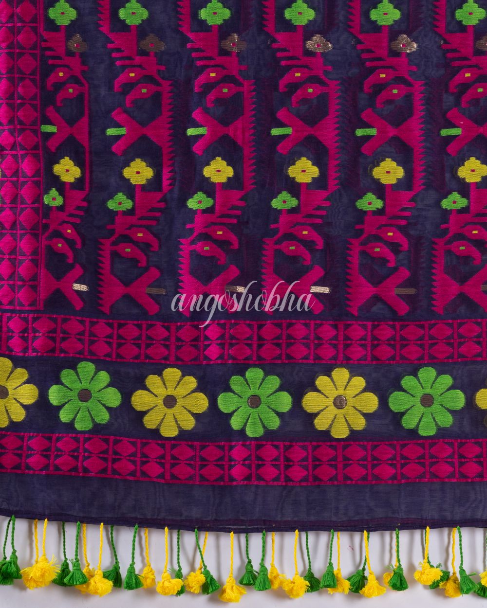 Traditional Navy Blue Fuchsia Fuchsia Soft Dhakai Jamdani Saree angoshobha