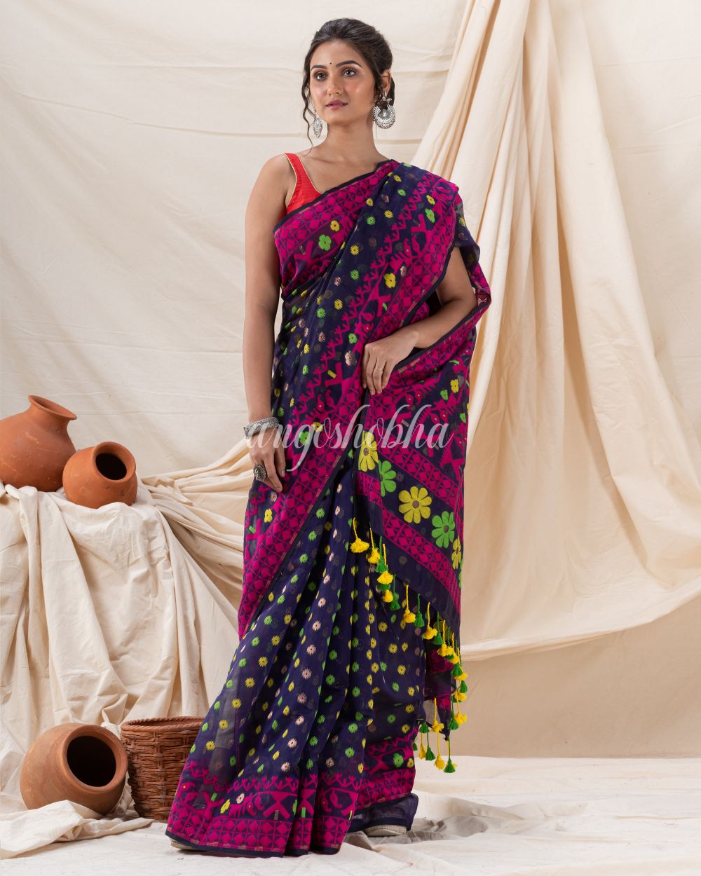 Traditional Navy Blue Fuchsia Fuchsia Soft Dhakai Jamdani Saree angoshobha