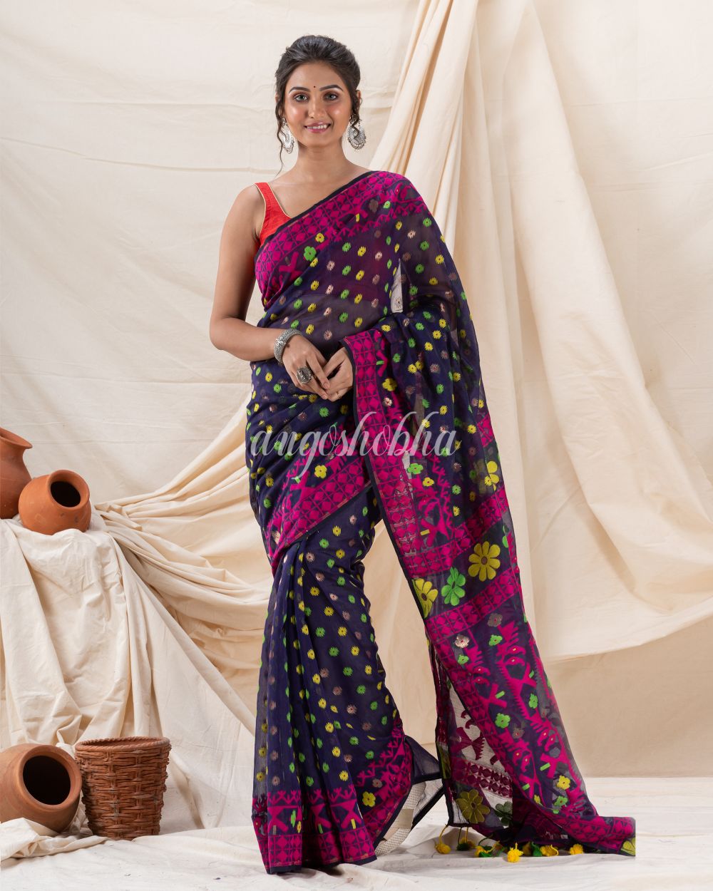 Traditional Navy Blue Fuchsia Fuchsia Soft Dhakai Jamdani Saree angoshobha