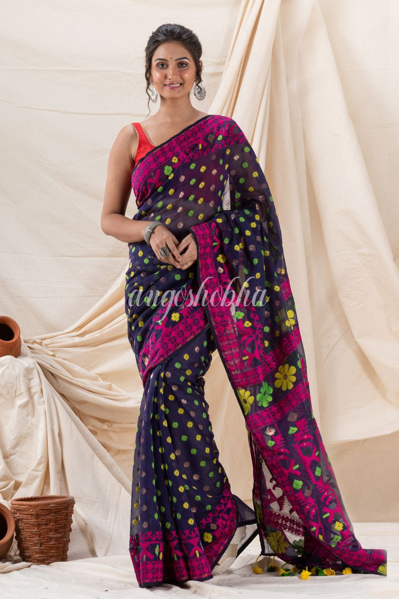 Traditional Navy Blue Fuchsia Fuchsia Soft Dhakai Jamdani Saree