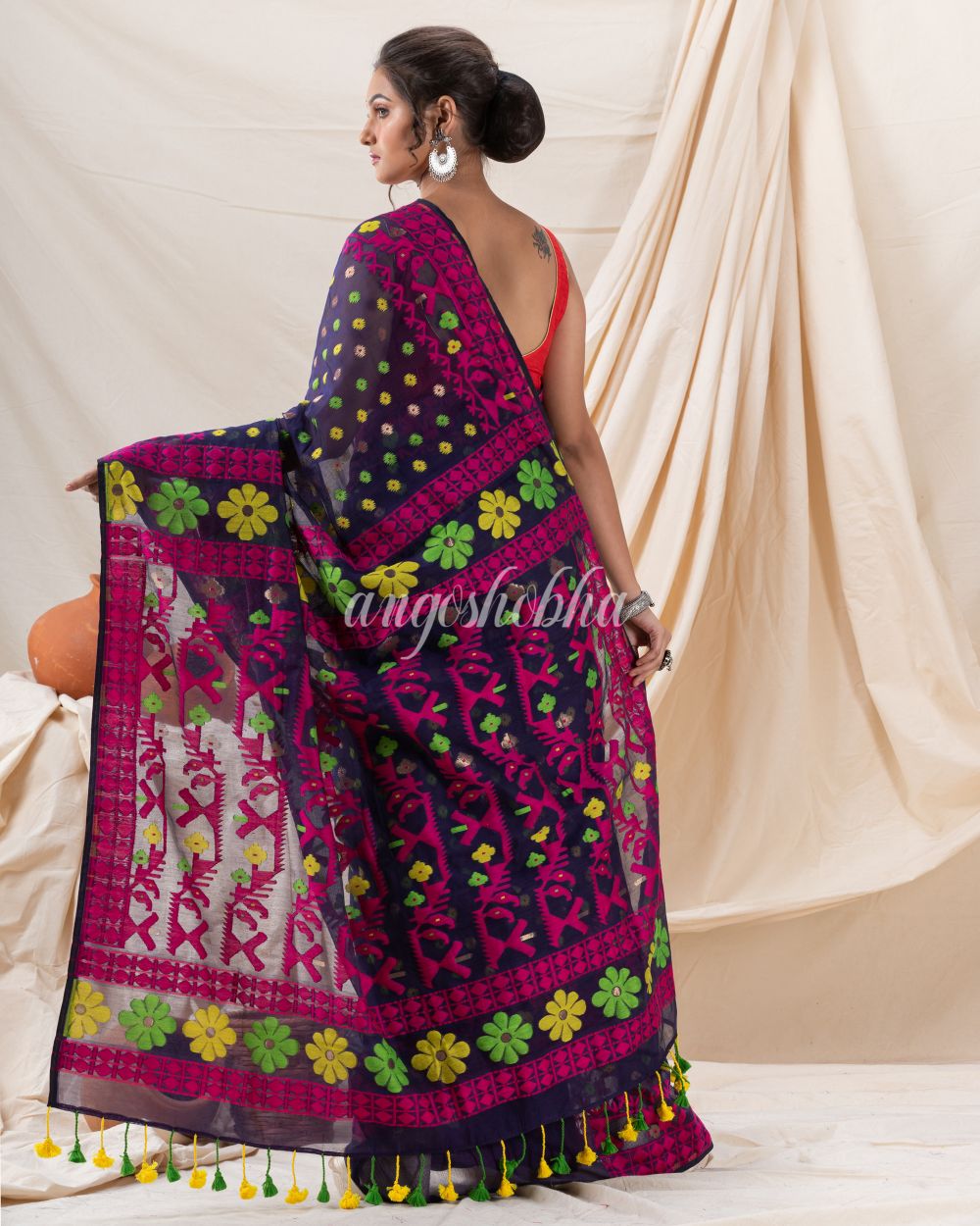 Traditional Navy Blue Fuchsia Fuchsia Soft Dhakai Jamdani Saree angoshobha