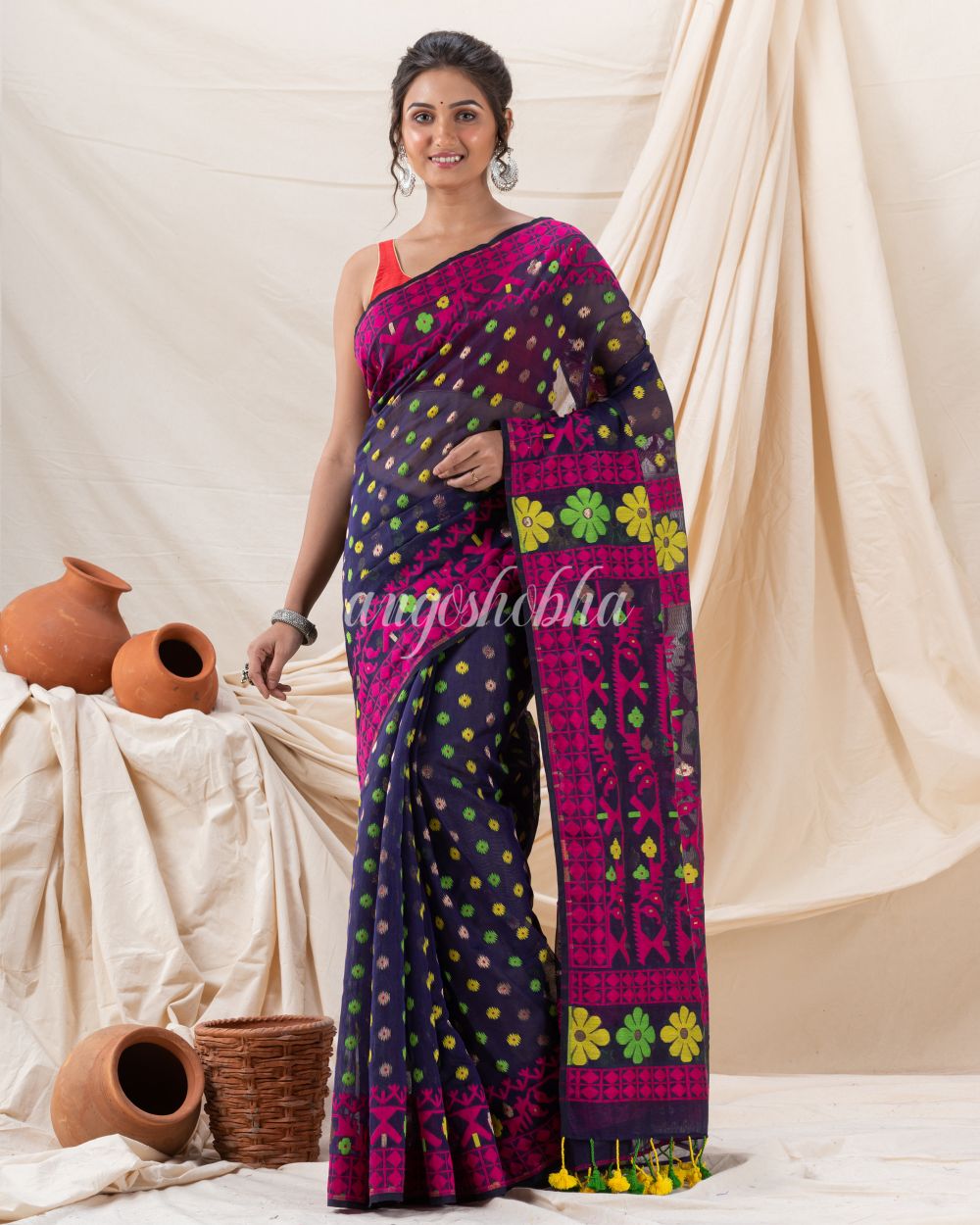 Traditional Navy Blue Fuchsia Fuchsia Soft Dhakai Jamdani Saree angoshobha