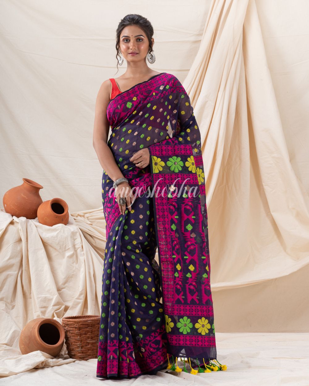 Traditional Navy Blue Fuchsia Fuchsia Soft Dhakai Jamdani Saree angoshobha