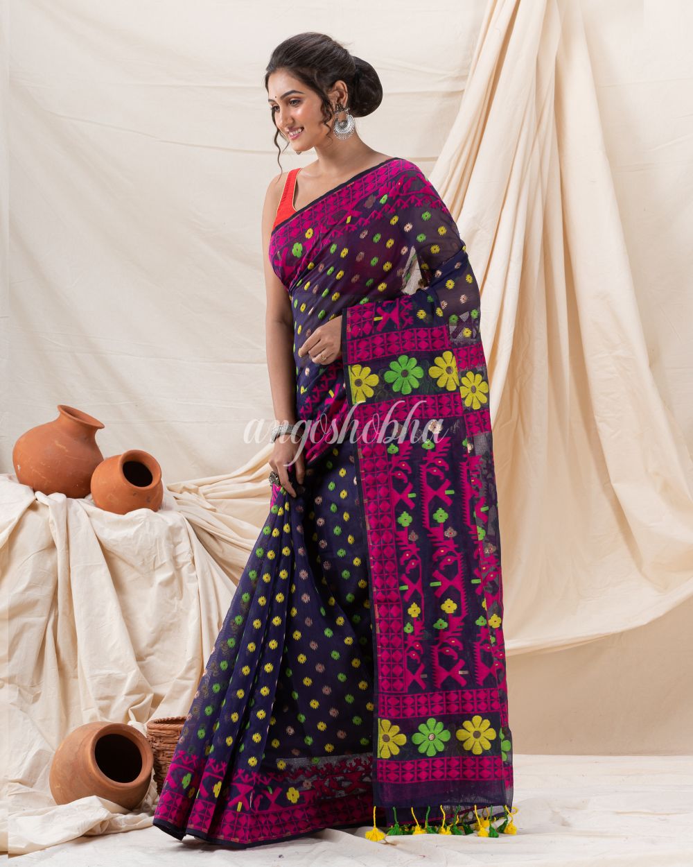 Traditional Navy Blue Fuchsia Fuchsia Soft Dhakai Jamdani Saree angoshobha
