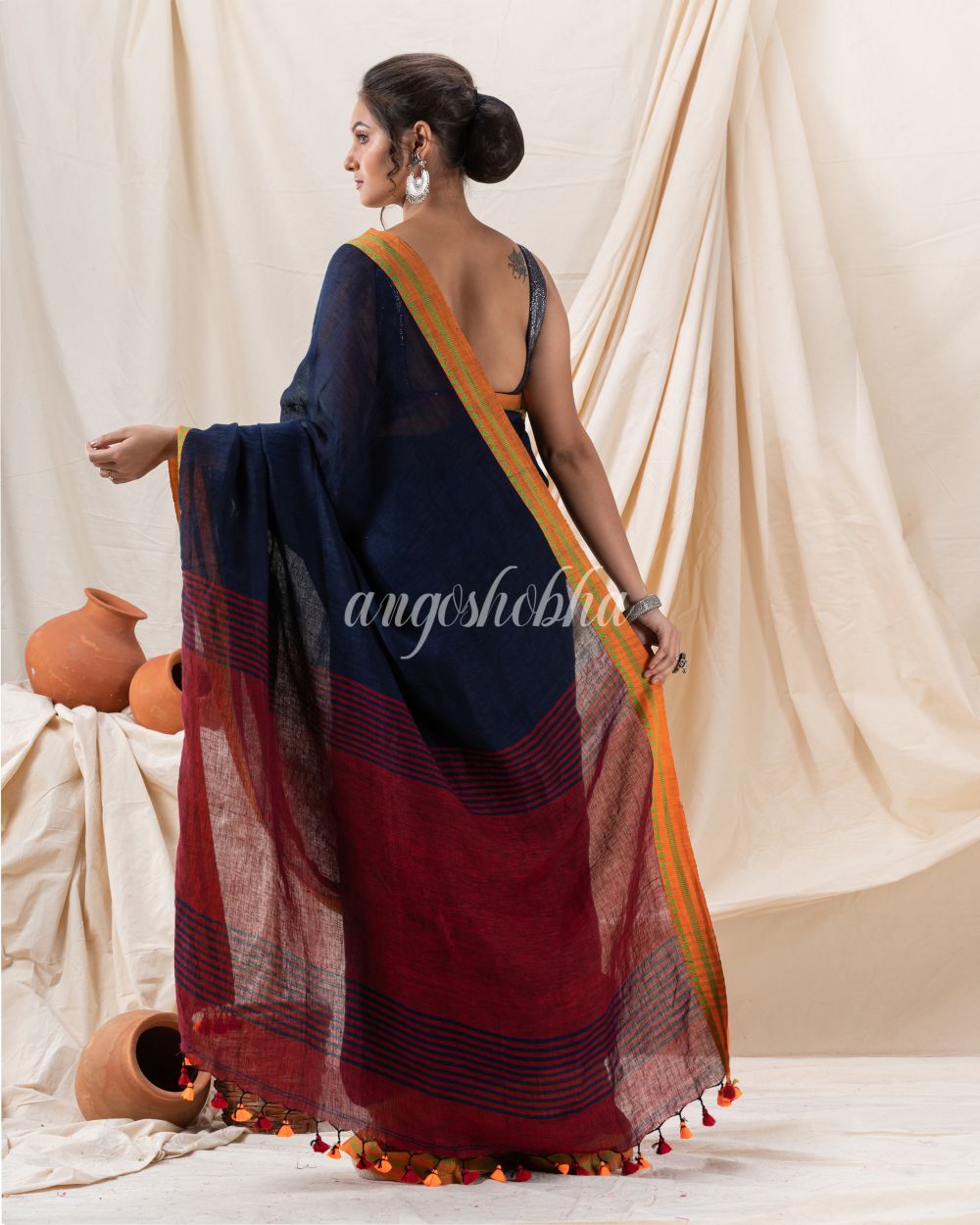 Traditional Navy Blue Linen Tangail Saree angoshobha