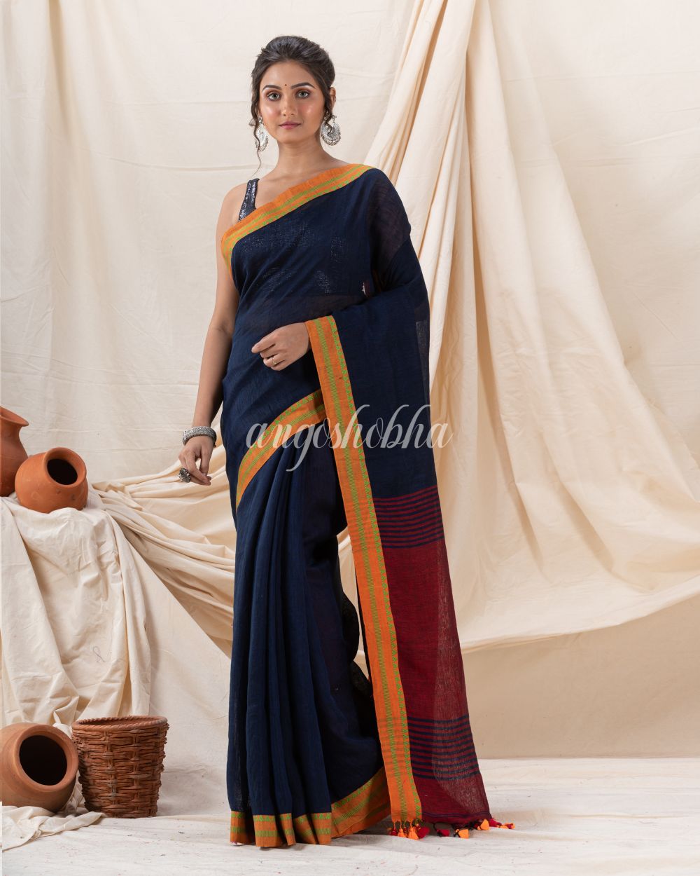 Traditional Navy Blue Linen Tangail Saree angoshobha