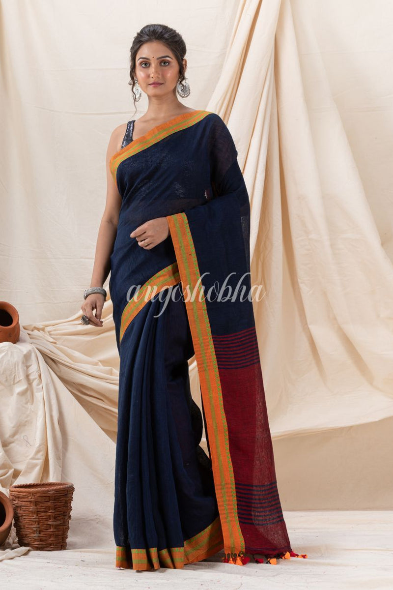 Traditional Navy Blue Linen Tangail Saree