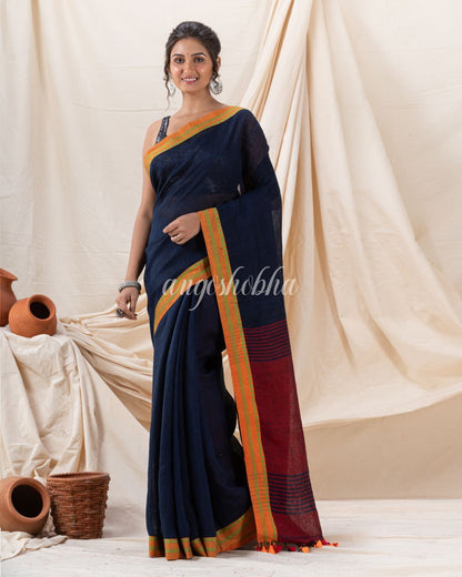 Traditional Navy Blue Linen Tangail Saree angoshobha