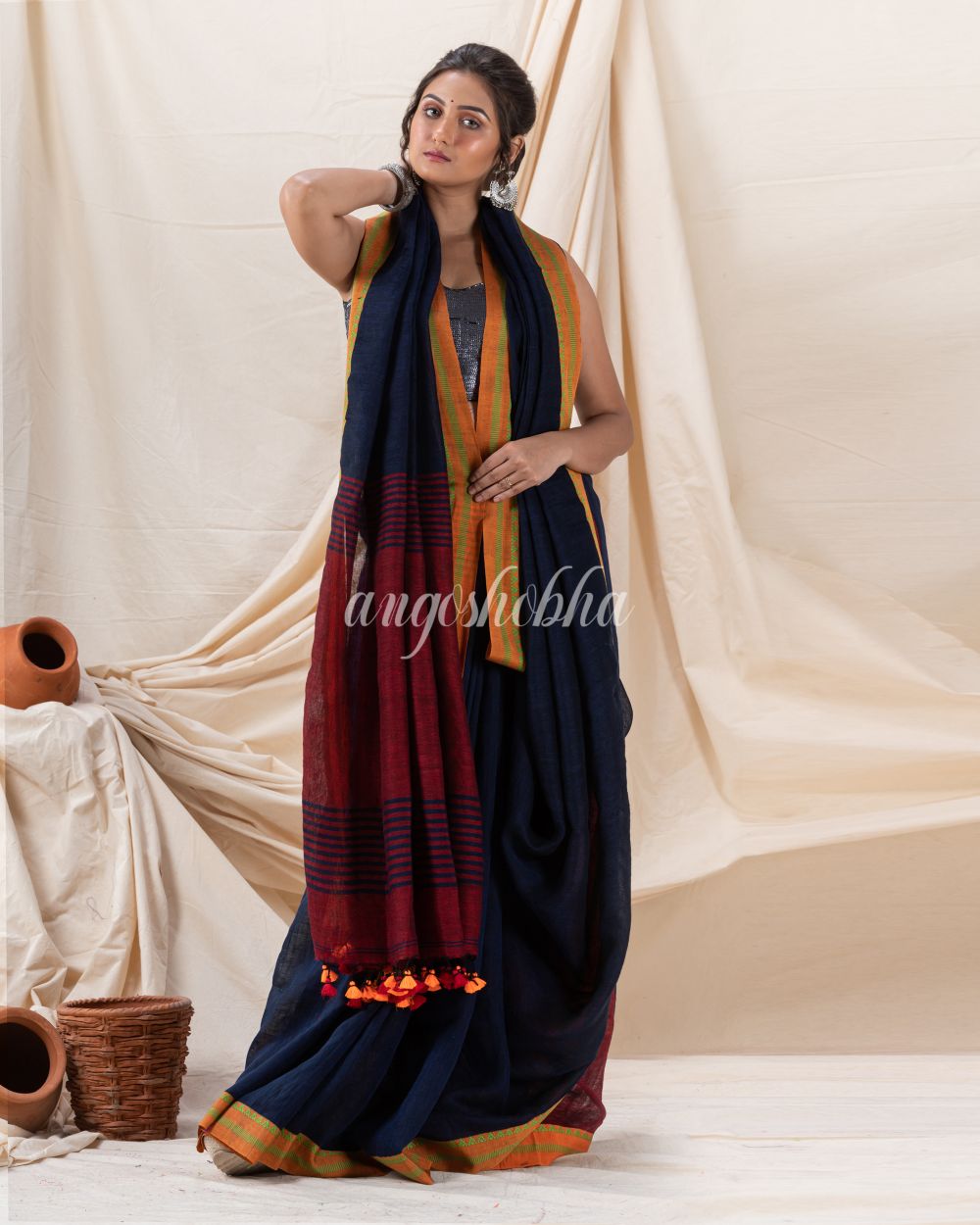 Traditional Navy Blue Linen Tangail Saree angoshobha