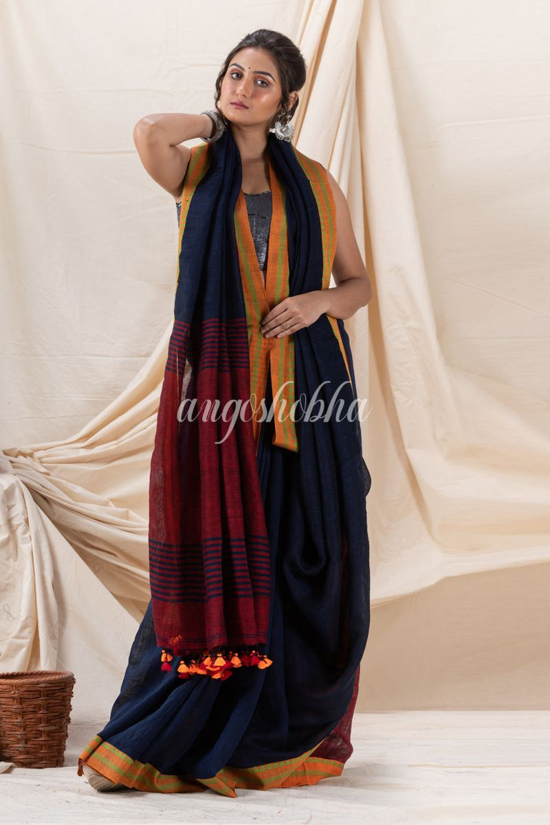 Traditional Navy Blue Linen Tangail Saree