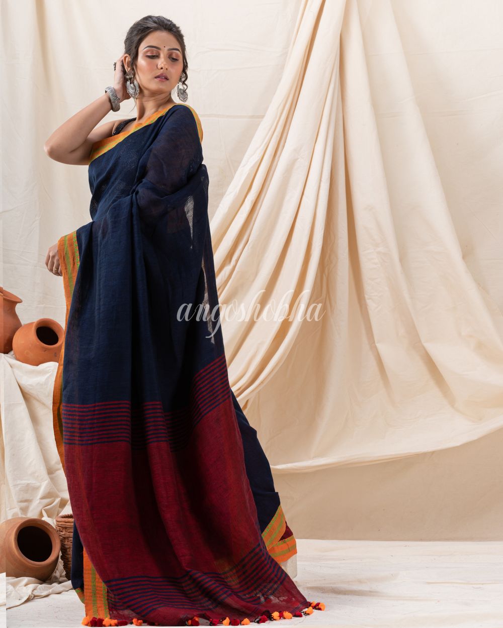 Traditional Navy Blue Linen Tangail Saree angoshobha