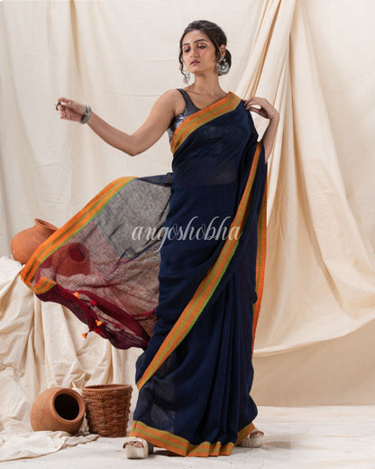 Traditional Navy Blue Linen Tangail Saree angoshobha