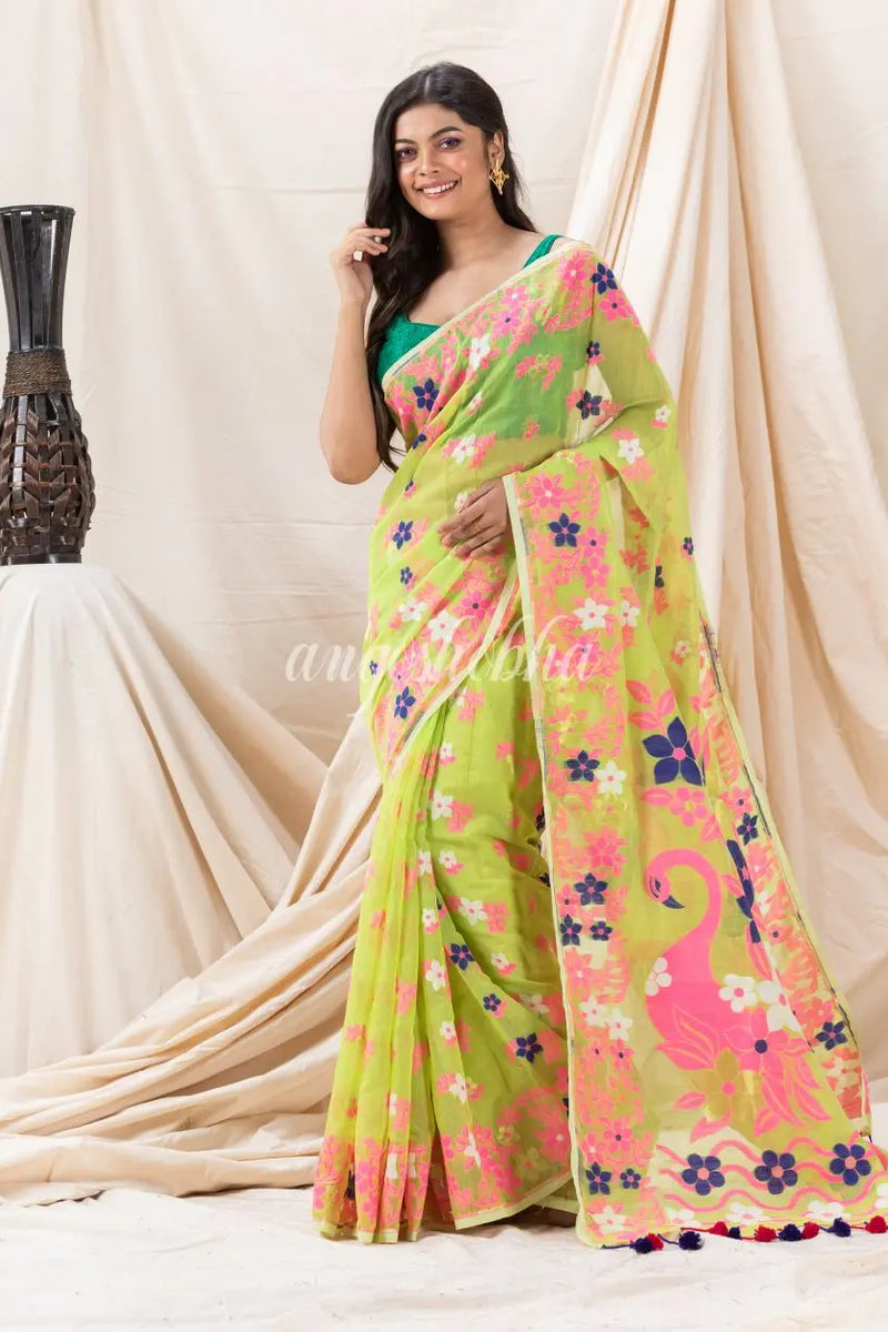 Traditional Olive Green Flower Soft Dhakai Jamdani Saree