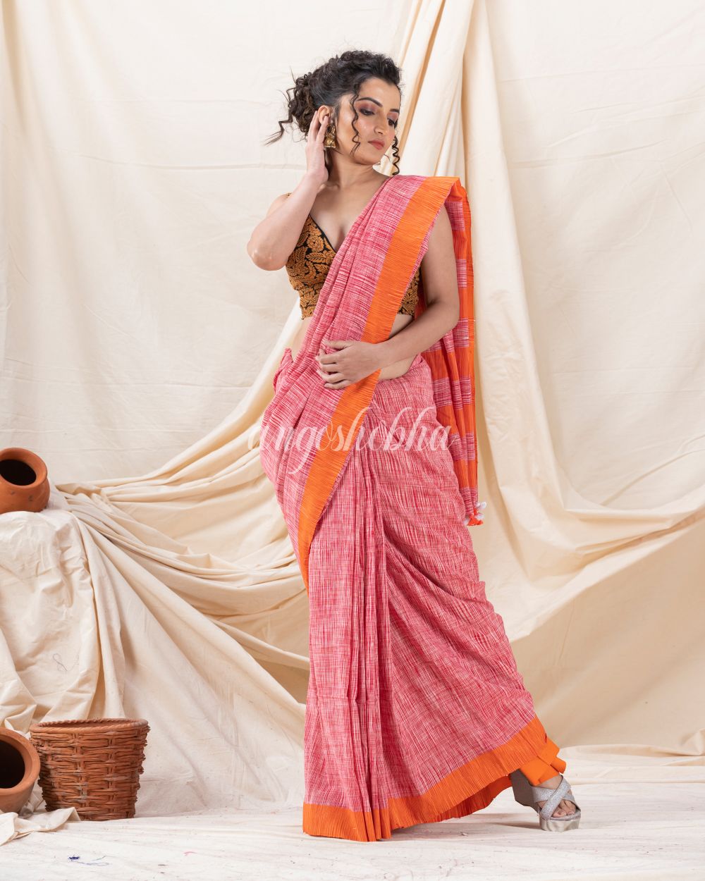 Traditional Orange Cotton Tai Dye Saree angoshobha