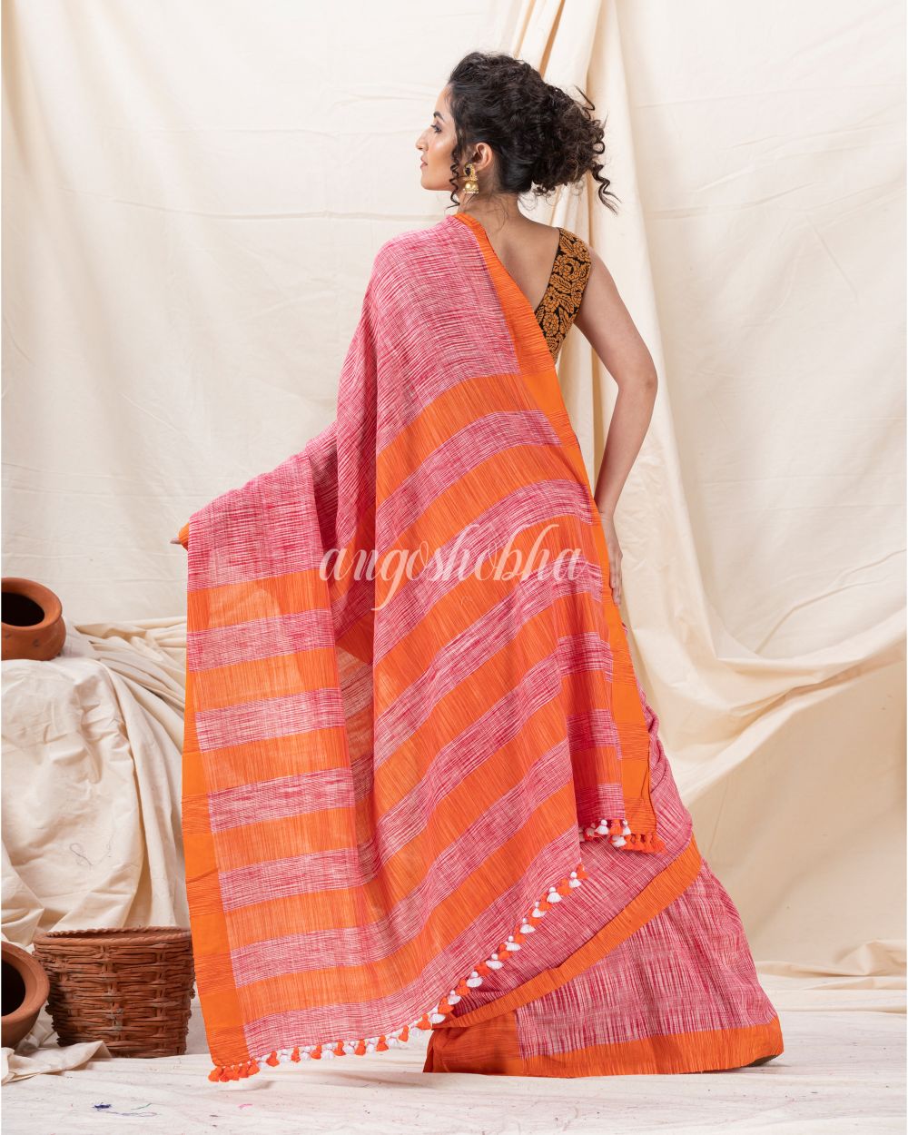 Traditional Orange Cotton Tai Dye Saree angoshobha