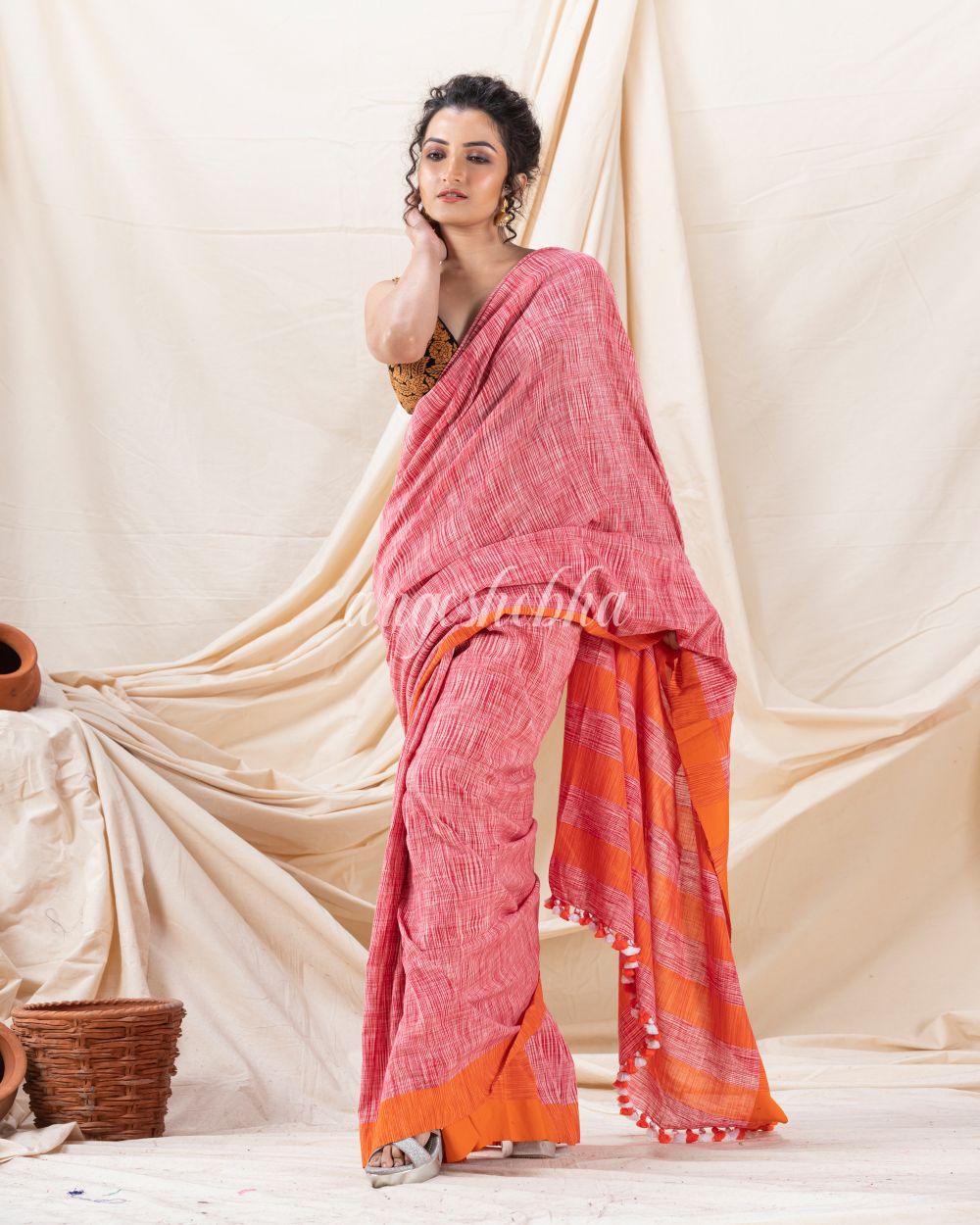 Traditional Orange Cotton Tai Dye Saree angoshobha