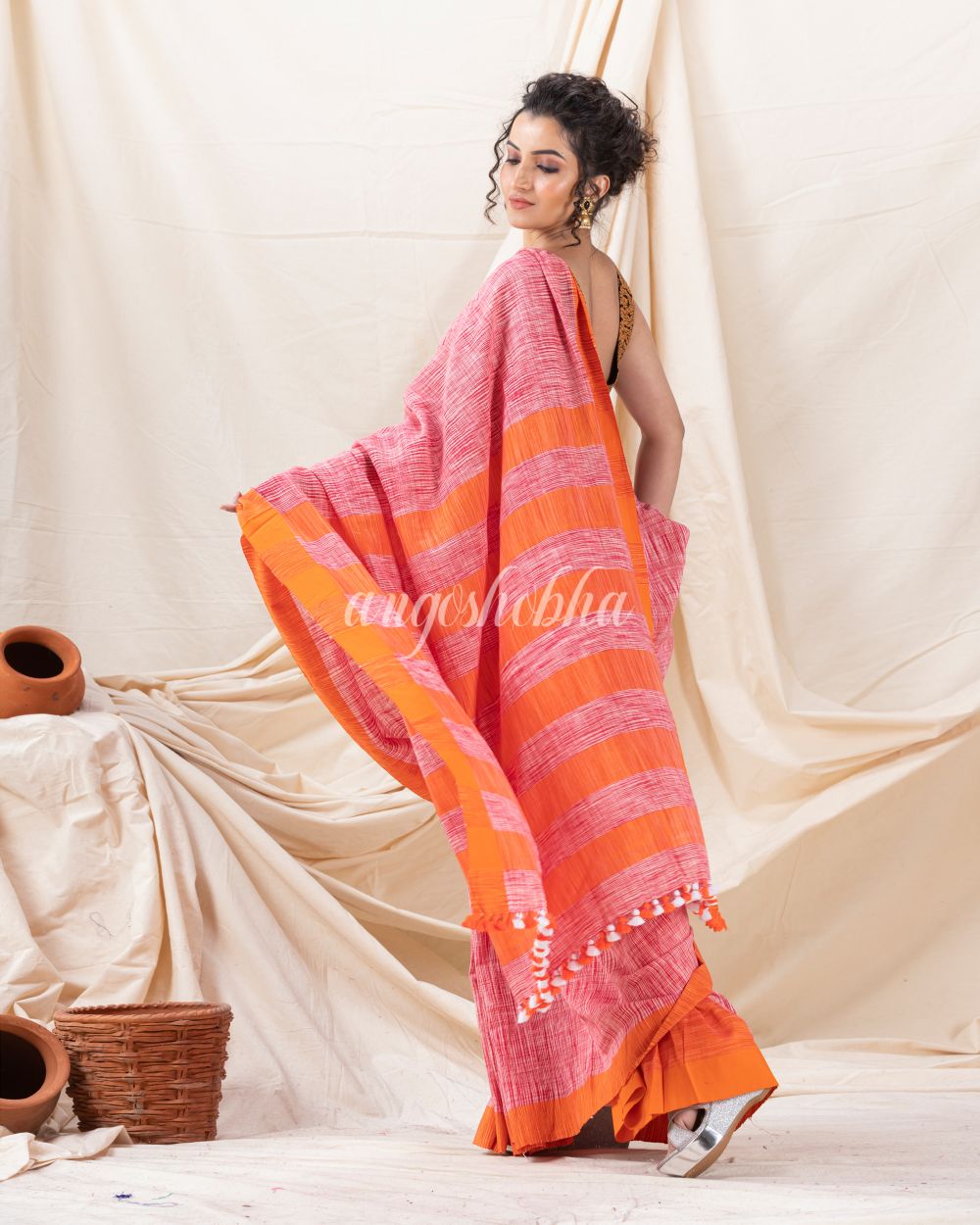 Traditional Orange Cotton Tai Dye Saree angoshobha