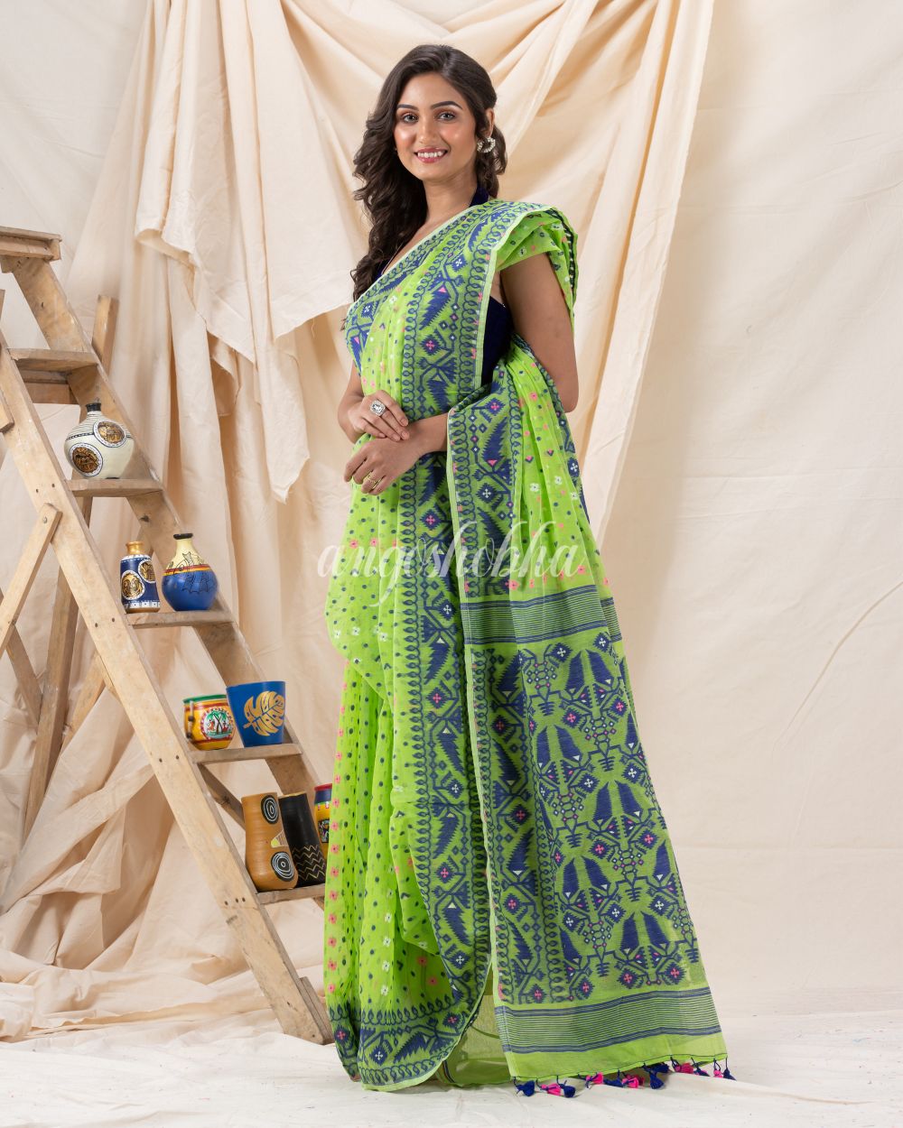 Traditional Parrot Green Soft Dhakai Jamdani Saree angoshobha