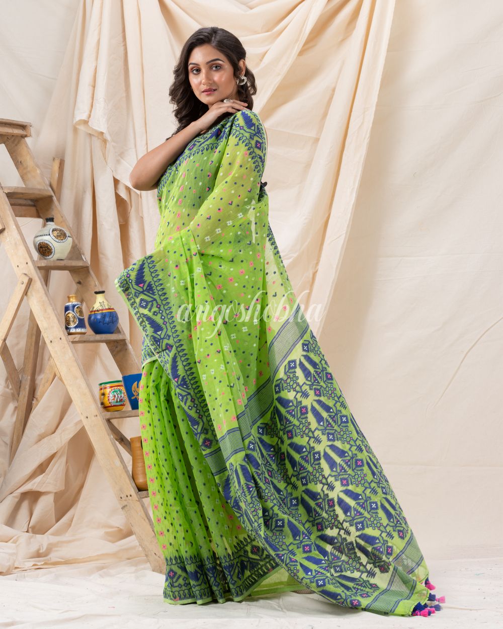 Traditional Parrot Green Soft Dhakai Jamdani Saree angoshobha