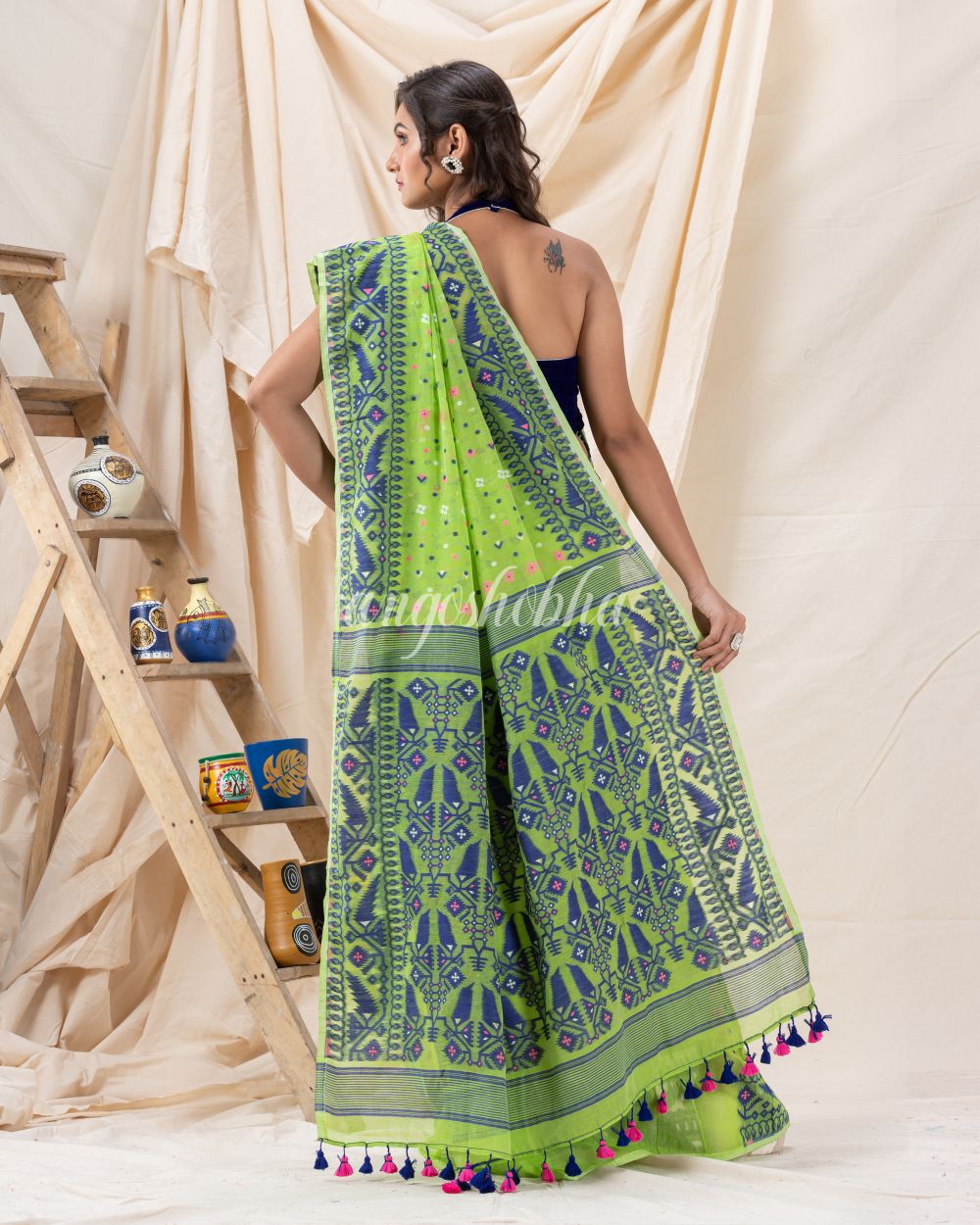 Traditional Parrot Green Soft Dhakai Jamdani Saree angoshobha