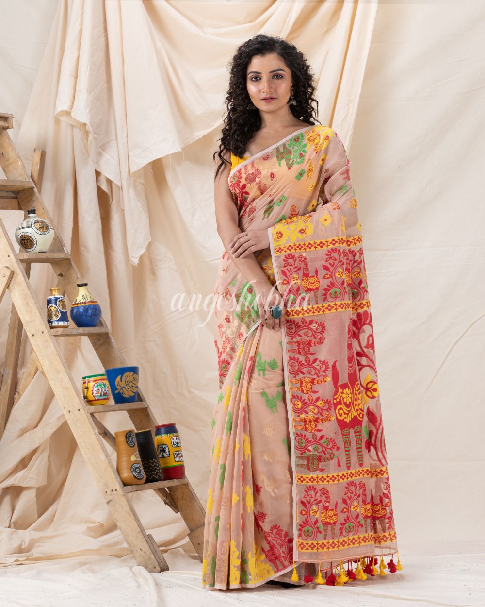 Traditional Peach Puff Soft Dhakai Jamdani Saree angoshobha