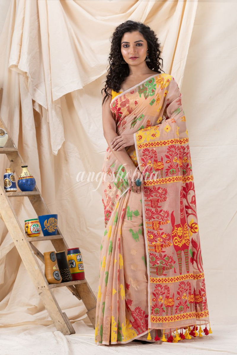 Traditional Peach Puff Soft Dhakai Jamdani Saree
