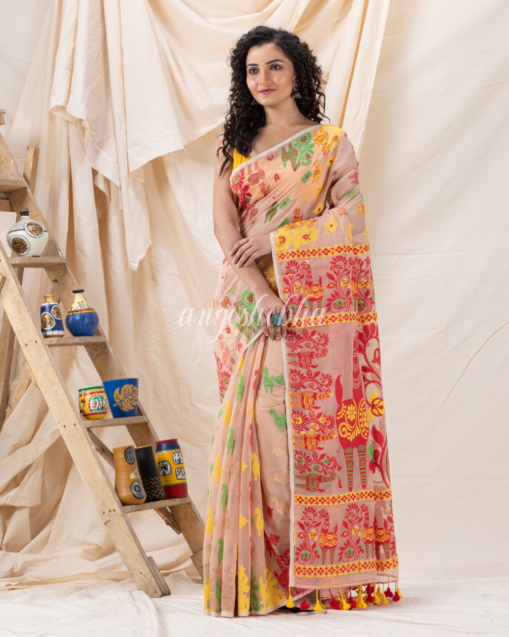 Traditional Peach Puff Soft Dhakai Jamdani Saree angoshobha