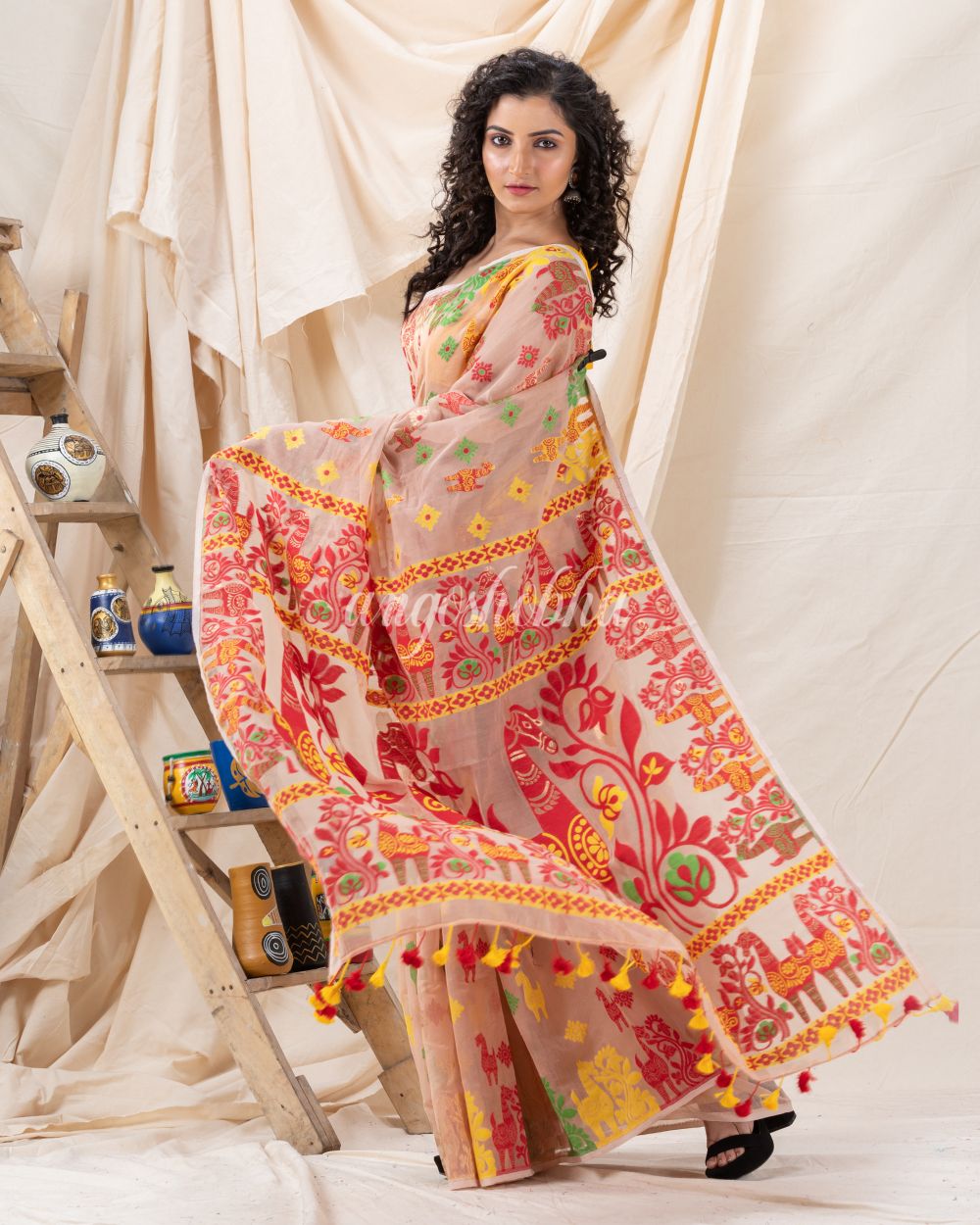 Traditional Peach Puff Soft Dhakai Jamdani Saree angoshobha