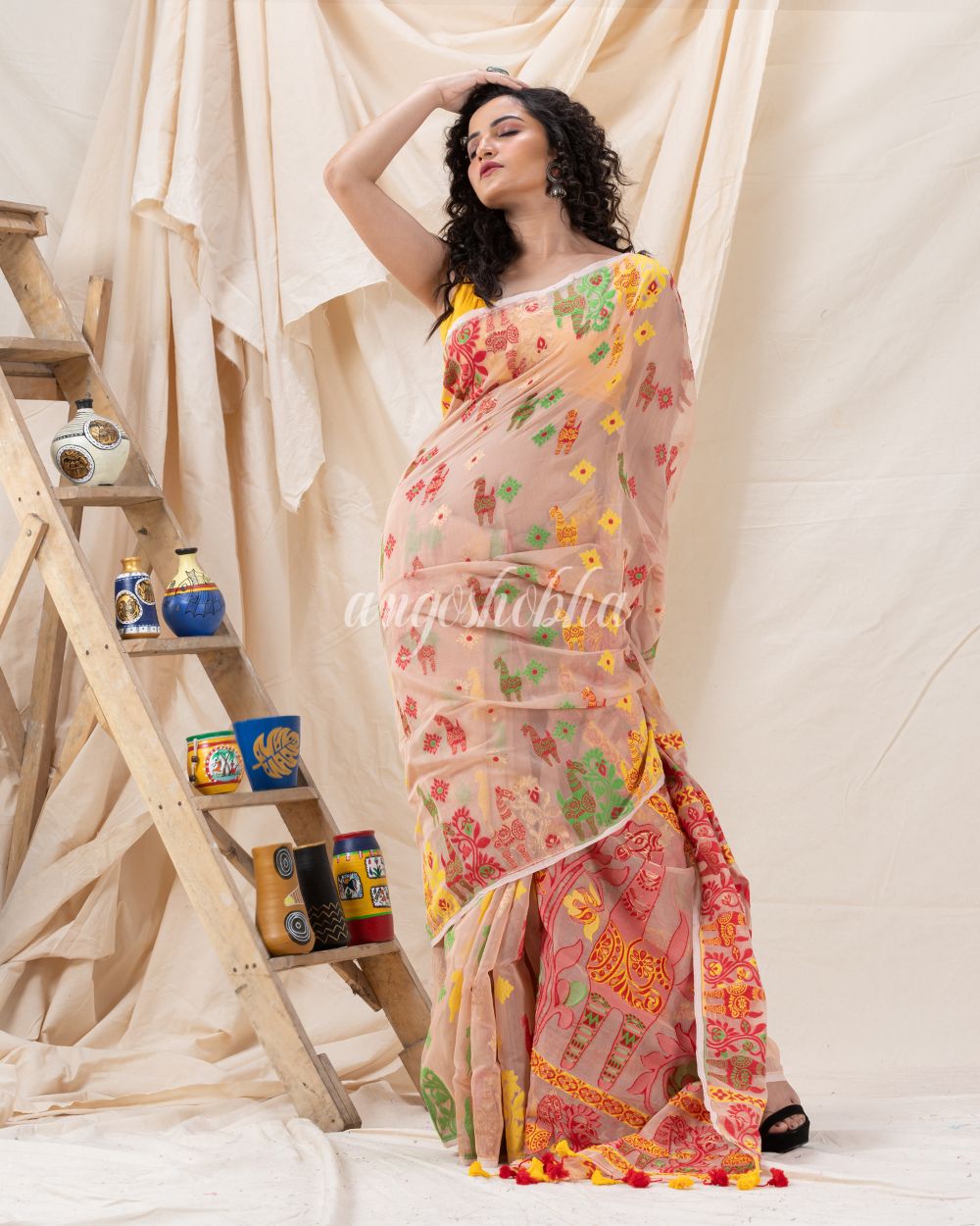 Traditional Peach Puff Soft Dhakai Jamdani Saree angoshobha