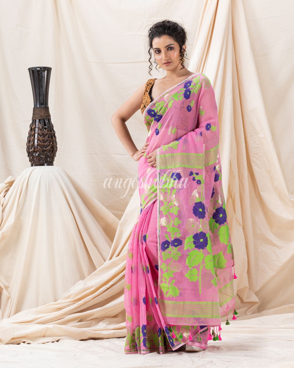 Traditional Pink Flower Soft Dhakai Jamdani Saree angoshobha