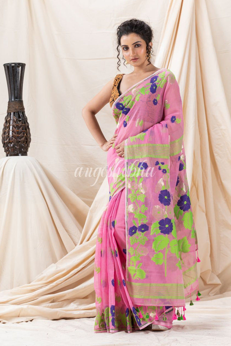 Traditional Pink Flower Soft Dhakai Jamdani Saree