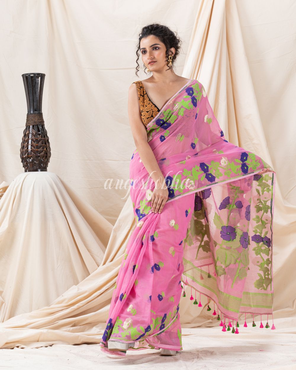Traditional Pink Flower Soft Dhakai Jamdani Saree angoshobha