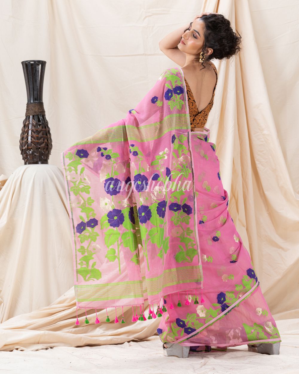 Traditional Pink Flower Soft Dhakai Jamdani Saree angoshobha