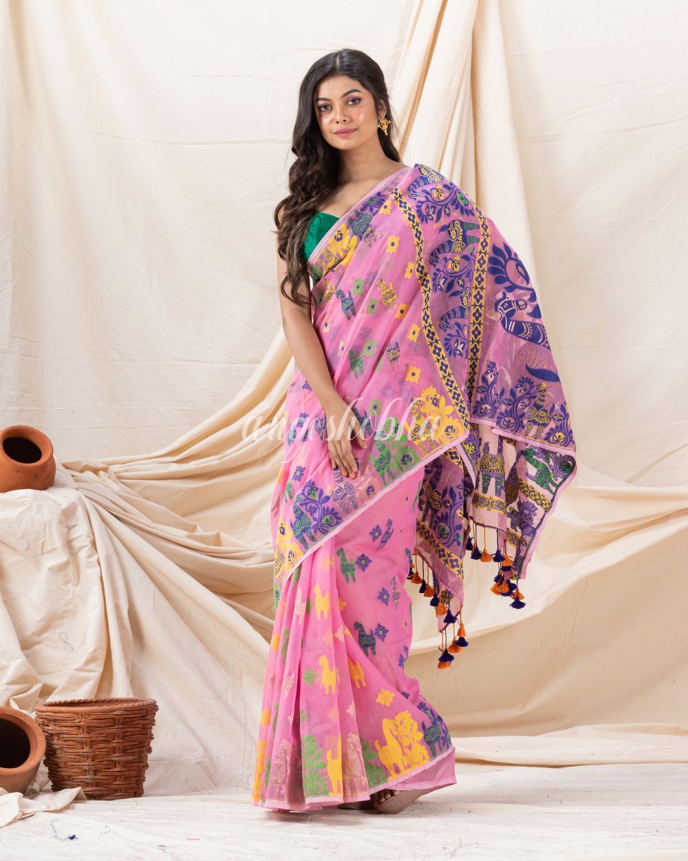 Traditional Pink Horse Soft Dhakai Jamdani Saree angoshobha