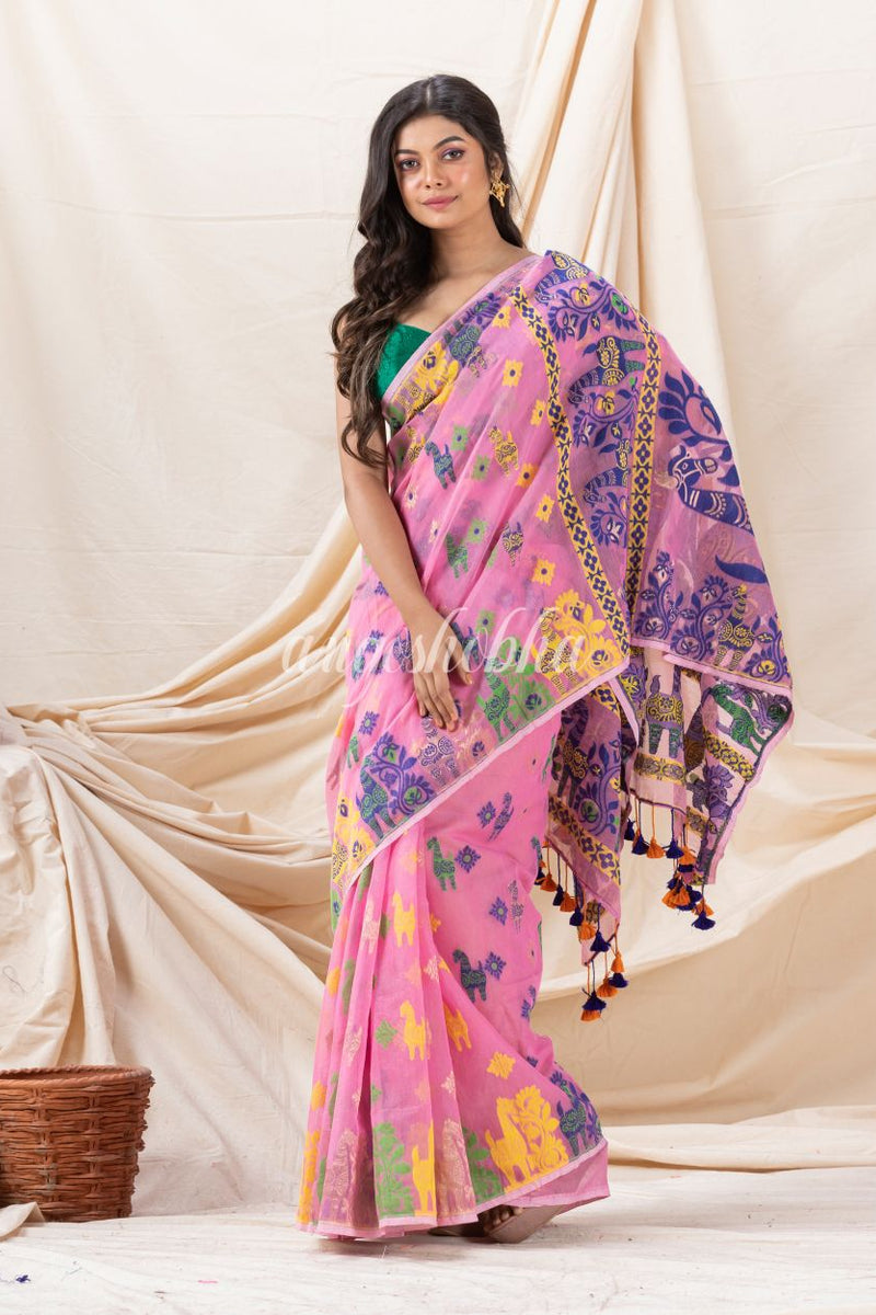 Traditional Pink Horse Soft Dhakai Jamdani Saree