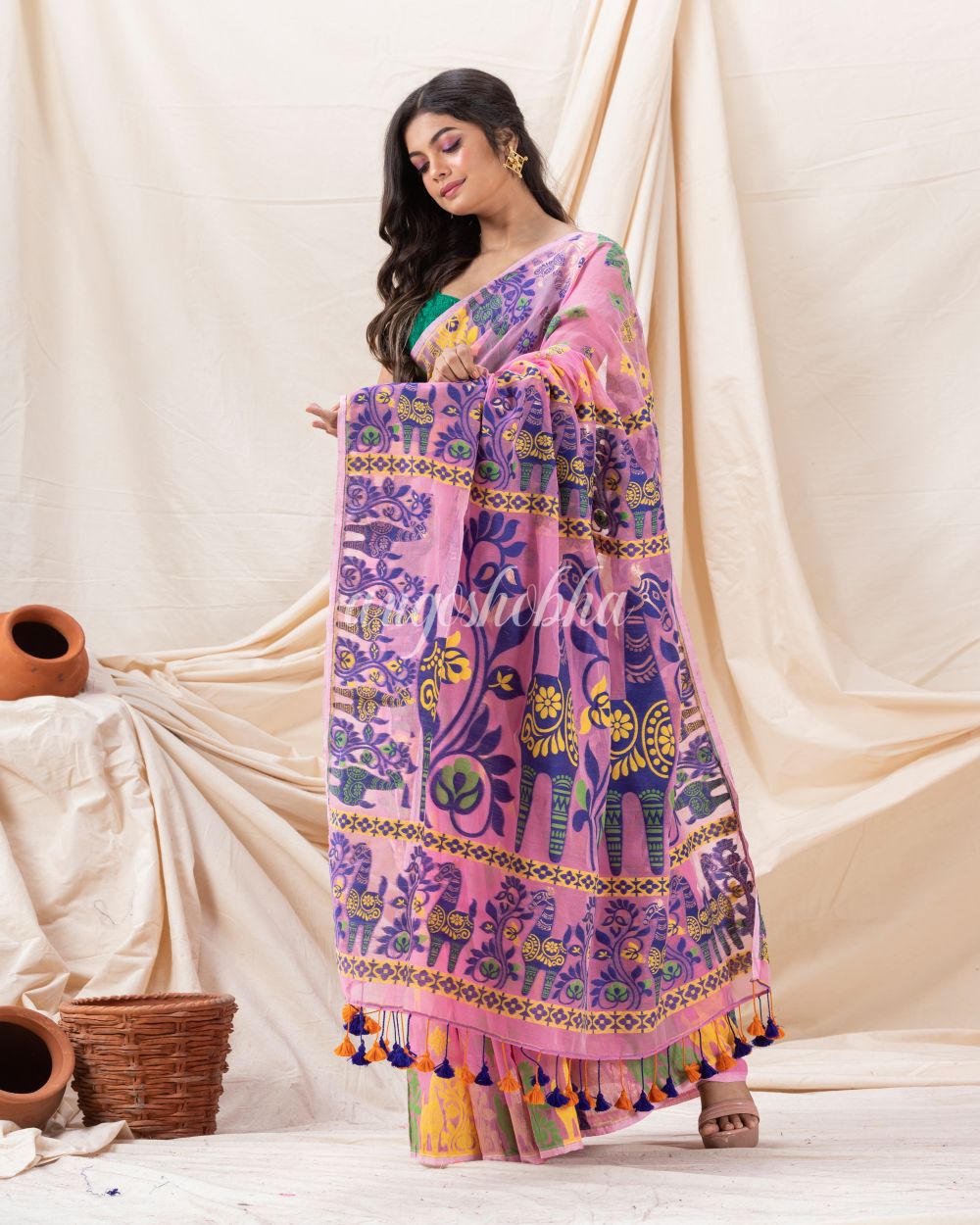 Traditional Pink Horse Soft Dhakai Jamdani Saree angoshobha