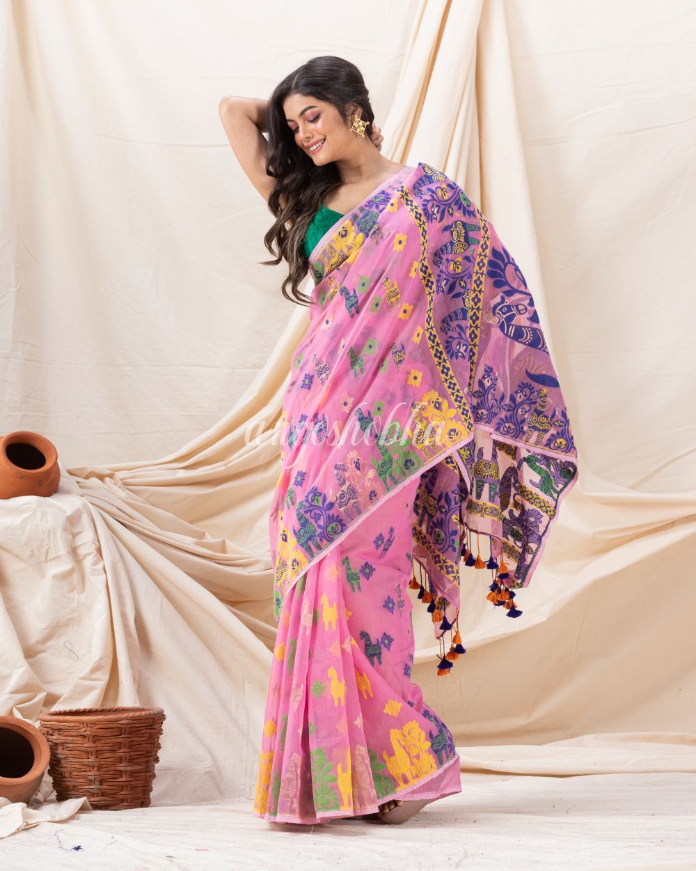 Traditional Pink Horse Soft Dhakai Jamdani Saree angoshobha