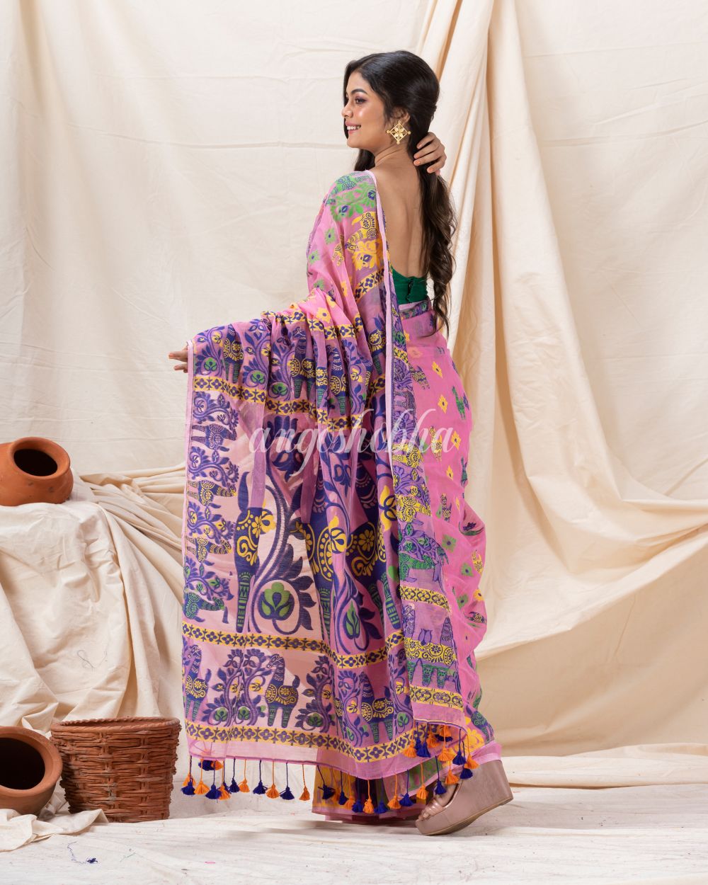 Traditional Pink Horse Soft Dhakai Jamdani Saree angoshobha