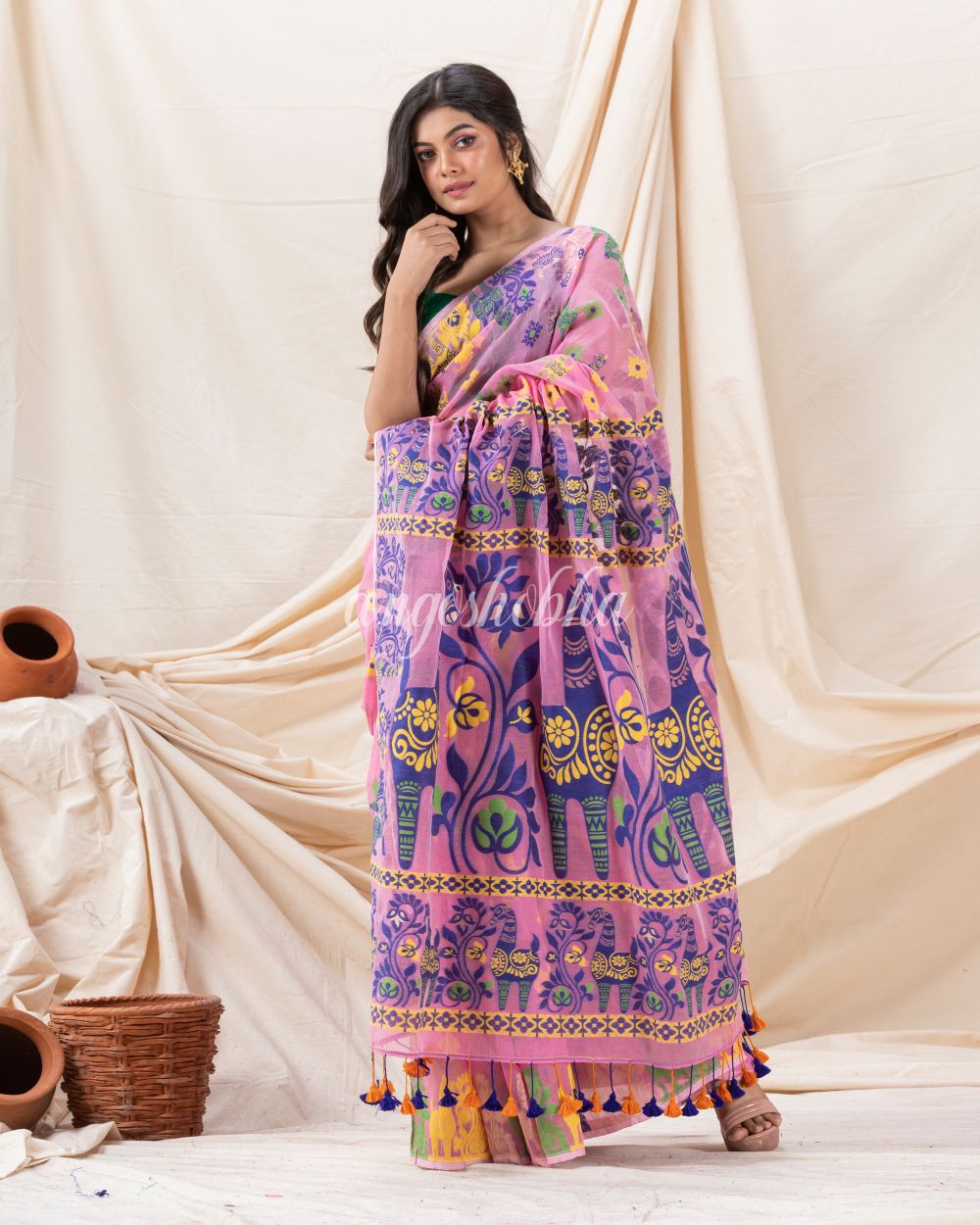 Traditional Pink Horse Soft Dhakai Jamdani Saree angoshobha